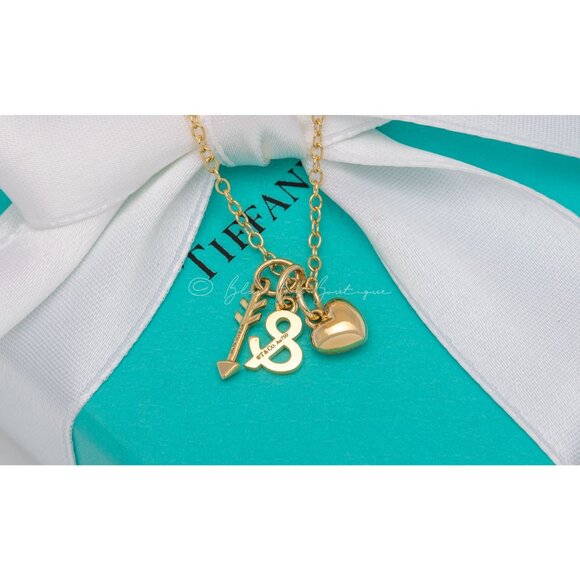 Tiffany & Co 18k Gold Necklace Rare "Heart & Arrow" 3-Charm Pendant on 16" Chain - Picture 5 of 5